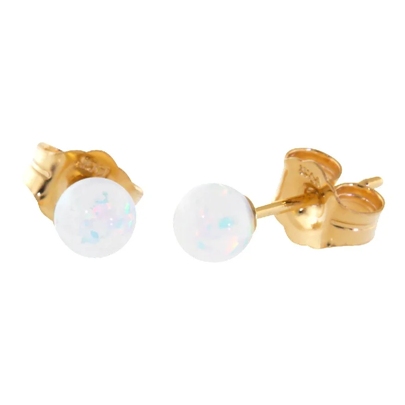 Clumped gem earrings-Lorraine: 4mm White Opal Ball Stud Post Earrings 14K Yellow Gold