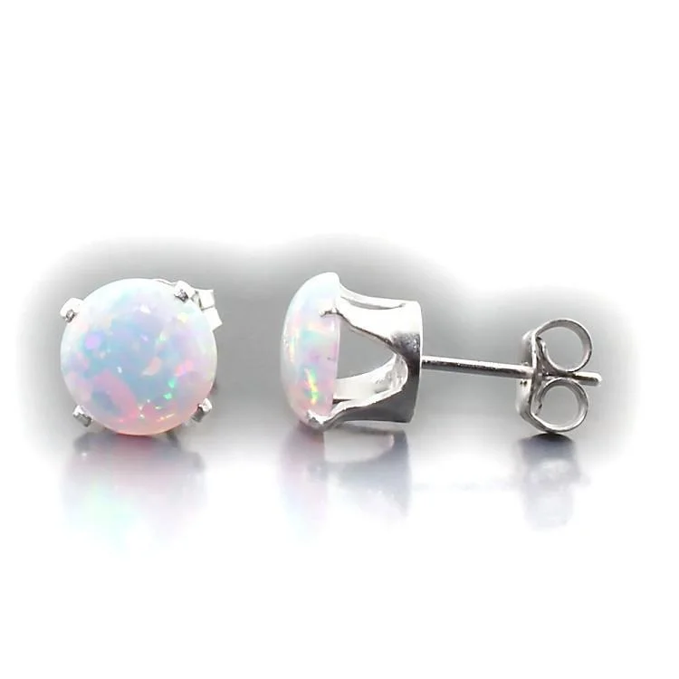 Tinted gem earrings-Lorraine: 8mm 3.2cts Fiery White Opal Crown Set Stud Earrings Silver