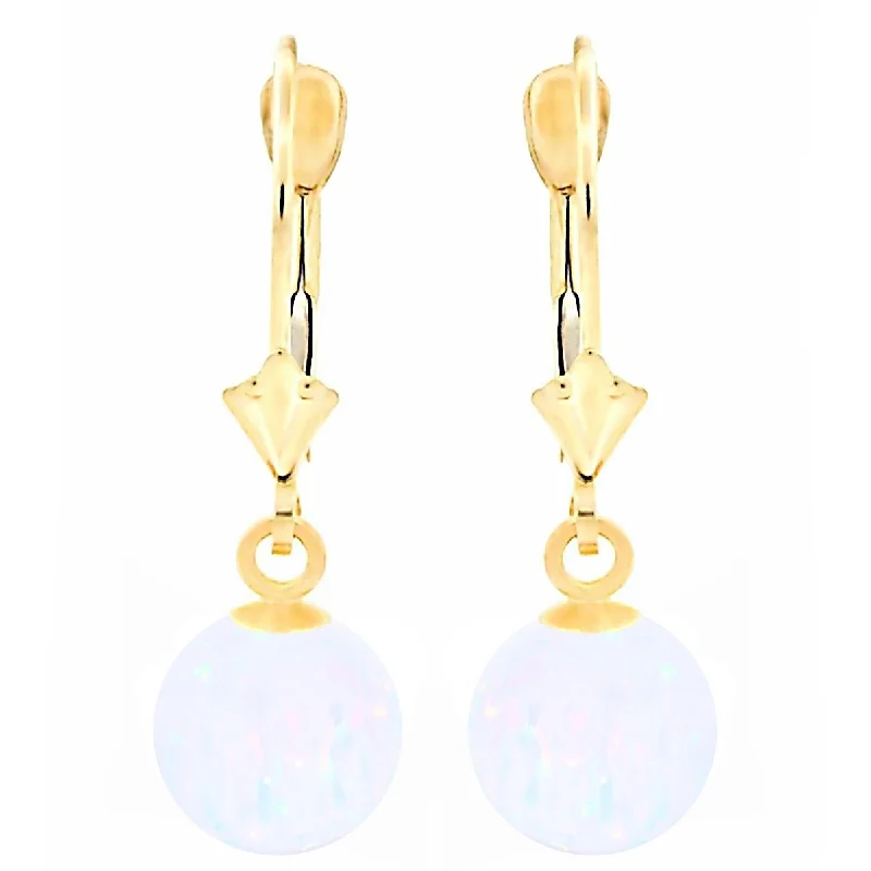 Steel hoop earrings-Lorraine: White Created Australian Opal Ball Drop Leverback Earrings 14-20 Gold Filled