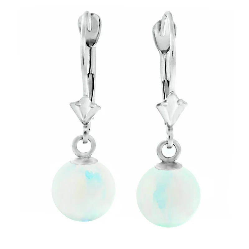 Maple grain earrings-Lorraine: White Created Australian Opal Ball Drop Leverback Earrings 14K White Gold