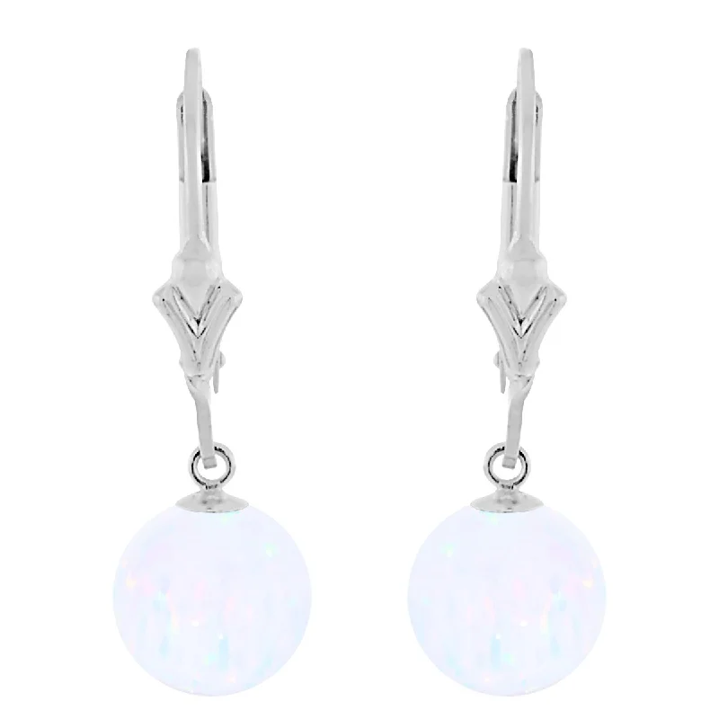 Cotton twist earrings-Lorraine: White Created Australian Opal Ball Drop Leverback Earrings 925 Sterling Silver