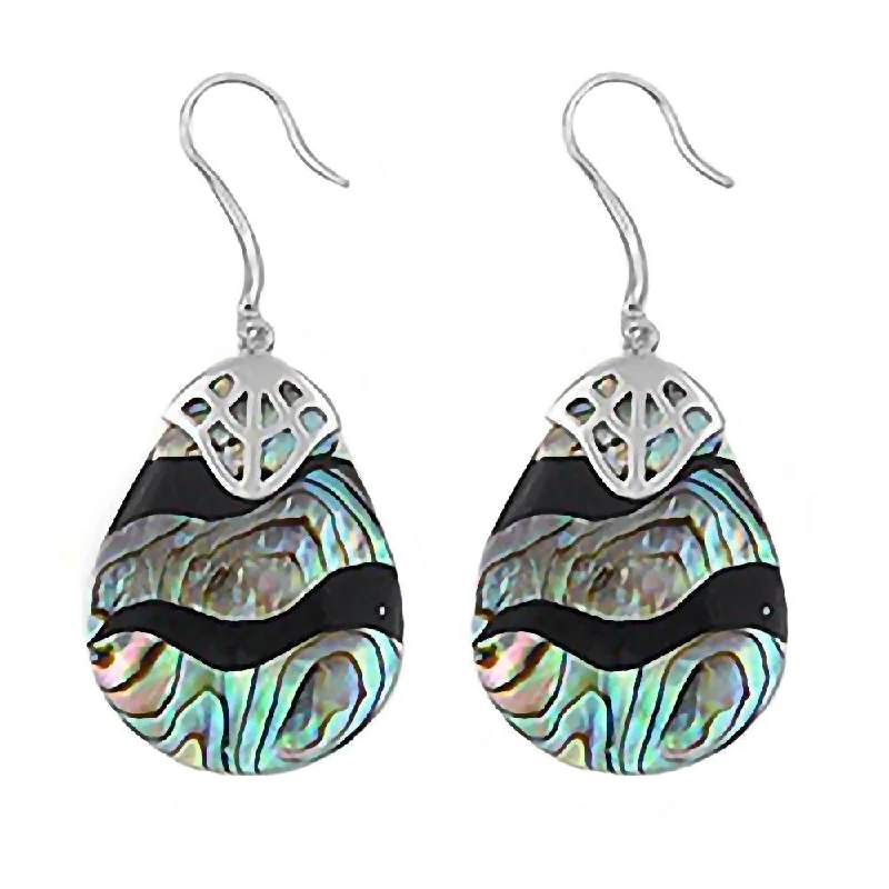 Amber topaz earrings-Luna: Onyx & Abalone Shell Banded Tear-drop Silver Dangle Earrings