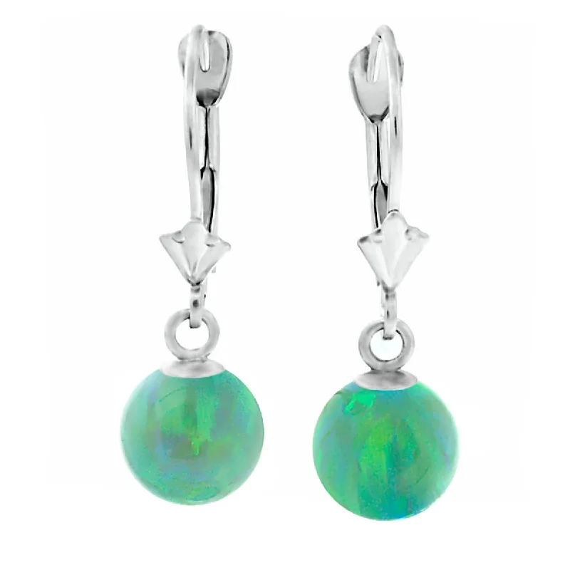 Prairie stalk earrings-Margarita: Kiwi Green Created Australian Opal Ball Drop Leverback Earrings 14K White Gold