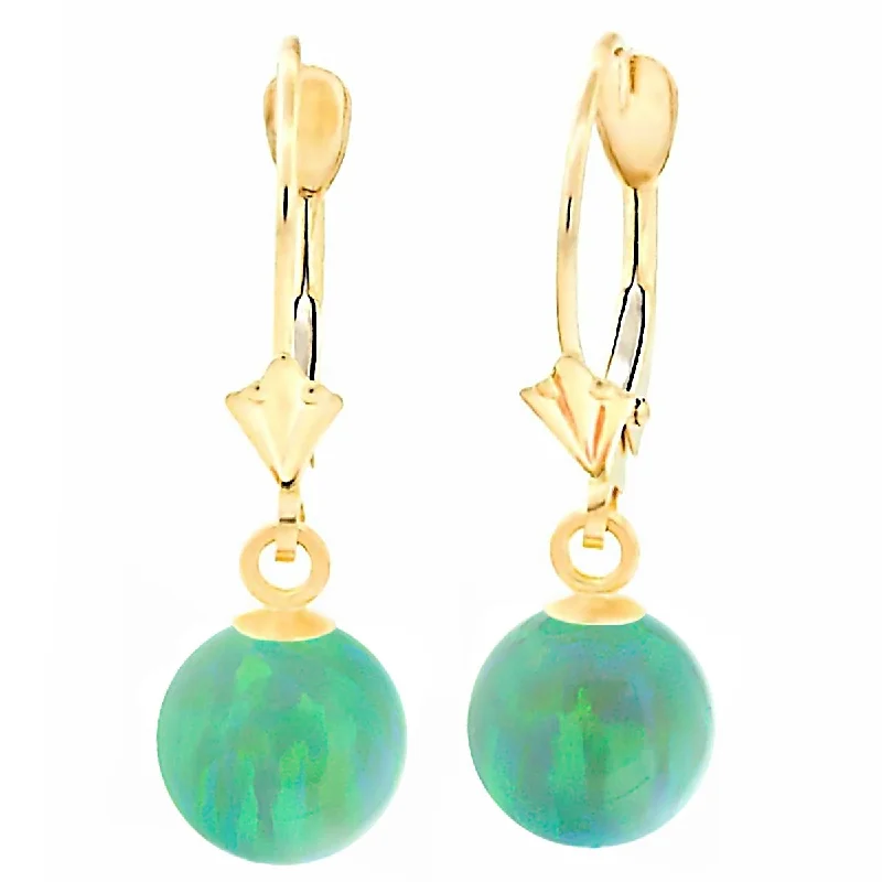 Tulip bud earrings-Margarita: Kiwi Green Created Australian Opal Ball Drop Leverback Earrings 14K Yellow Gold