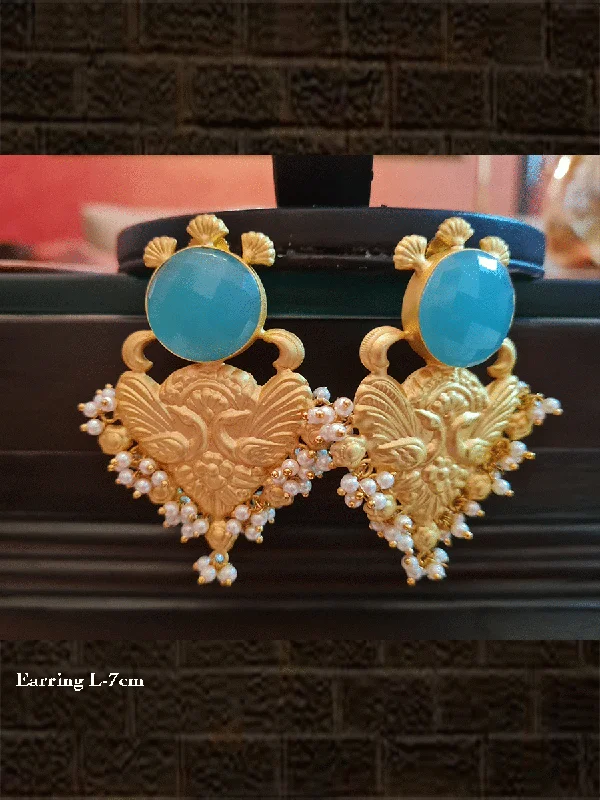 Carved ridge earrings-Matt gold inverted peacock self design Aqua stone earring