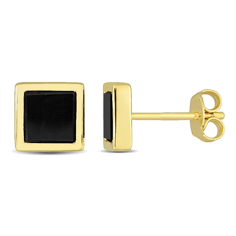 Subtle twist earrings-Miadora 1ct TGW Black Onyx Square Stud Earrings in Yellow Silver