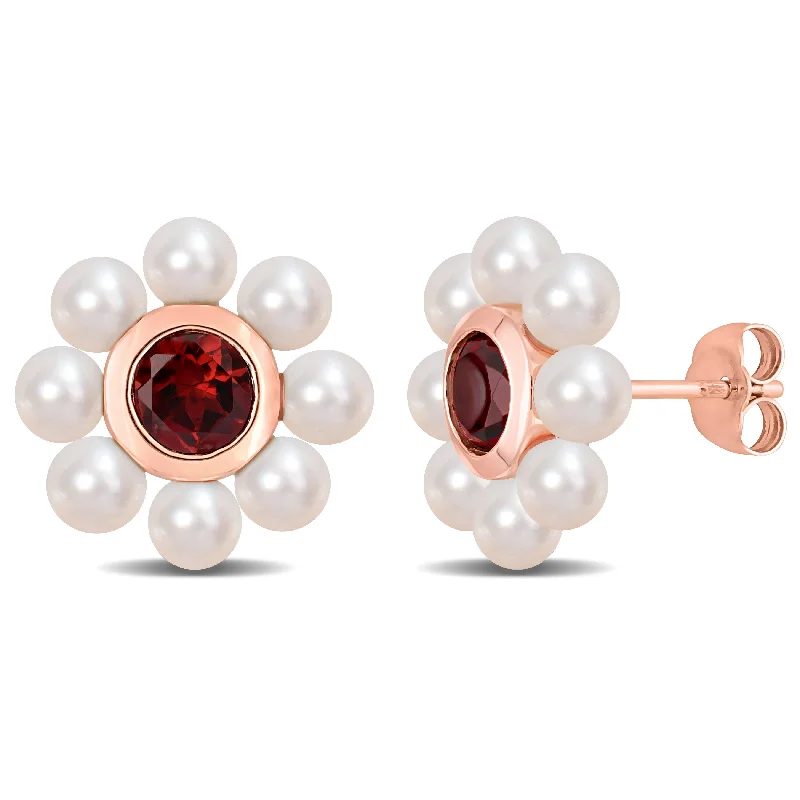 Tulip bud earrings-Miadora 3.5-4mm Cultured Freshwater Pearl and 1 1/5ct TGW Garnet Floral Stud Earrings in 10k Rose Gold