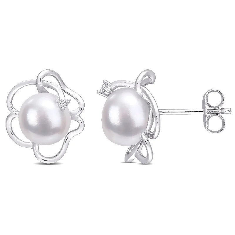 Brass relic earrings-Miadora 7.5-8mm Cultured Freshwater Pearl and Created White Sapphire Floral Stud Earrings in Sterling Silver