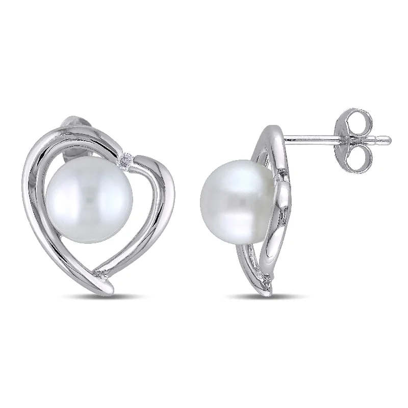 Subtle twist earrings-Miadora 8-8.5mm Japanese Akoya Cultured White Pearl and Diamond Accent Heart Design Stud Earrings in Sterling Silver