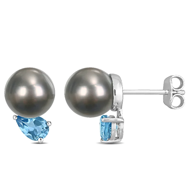 Woven twist earrings-Miadora 8-9mm Black Tahitian Cultured Pearl and 1 CT TGW Swiss Blue Topaz Stud Earrings in Sterling Silver