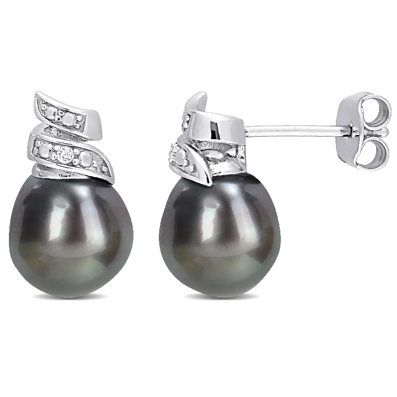 Subtle twist earrings-Miadora 8-9mm Black Tahitian Cultured Pearl and Diamond Accent Swirl Stud Earrings in Sterling Silver