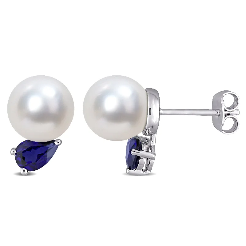 Root curl earrings-Miadora 8-9mm South Sea Cultured Pearl and 1 1/3 CT TGW Created Blue Sapphire Stud Earrings in Sterling Silver