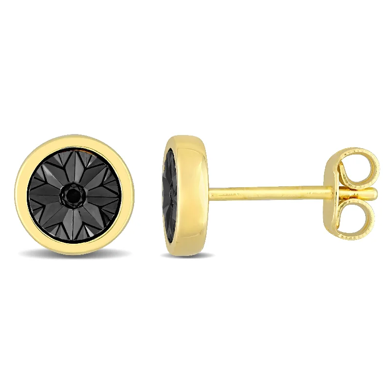 Pegged design earrings-Miadora Black Diamond Accent Circle Men's Stud Earrings in Yellow Silver