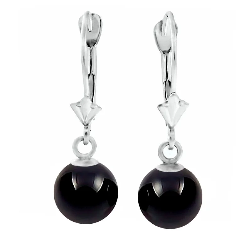 Maple grain earrings-Natural Black Onyx Ball Drop Leverback Earrings 14K White Gold