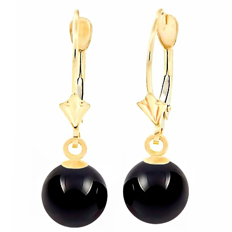 Willow twig earrings-Natural Black Onyx Ball Drop Leverback Earrings 14K Yellow Gold