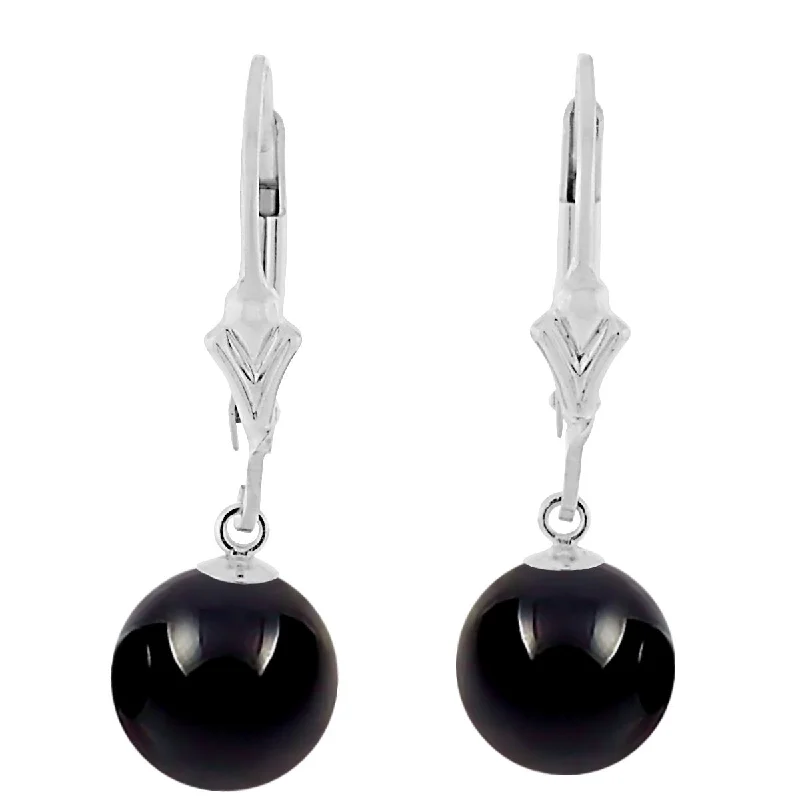 Soft check earrings-Natural Black Onyx Ball Drop Leverback Earrings 925 Sterling Silver