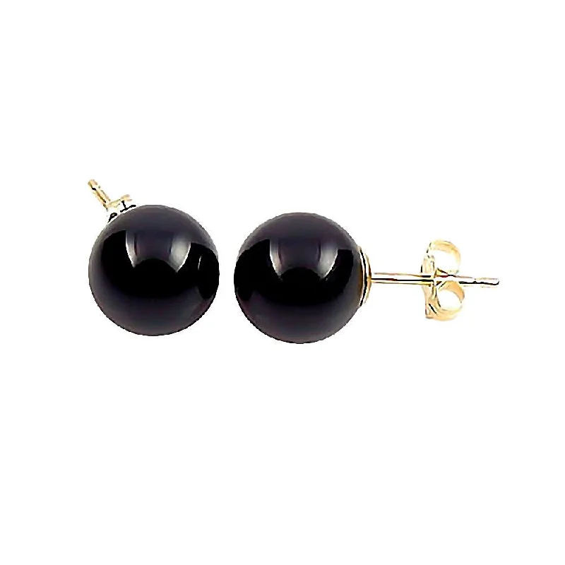 Briolette sapphire earrings-Natural Black Onyx Ball Stud Earrings 14K Yellow Gold