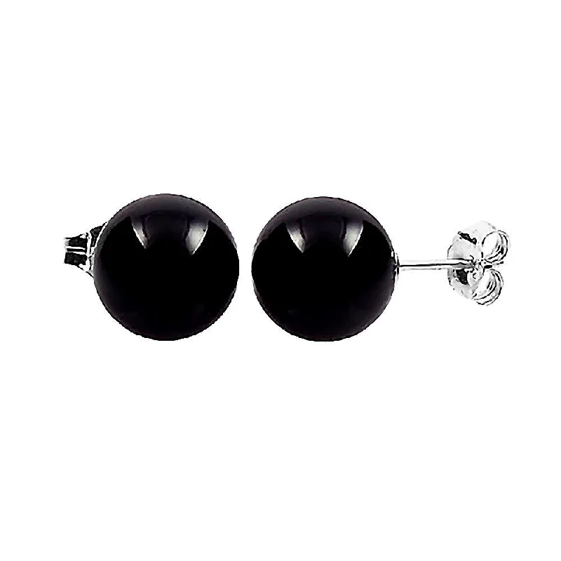 Leaf braid earrings-Natural Black Onyx Ball Stud Earrings 14K White Gold