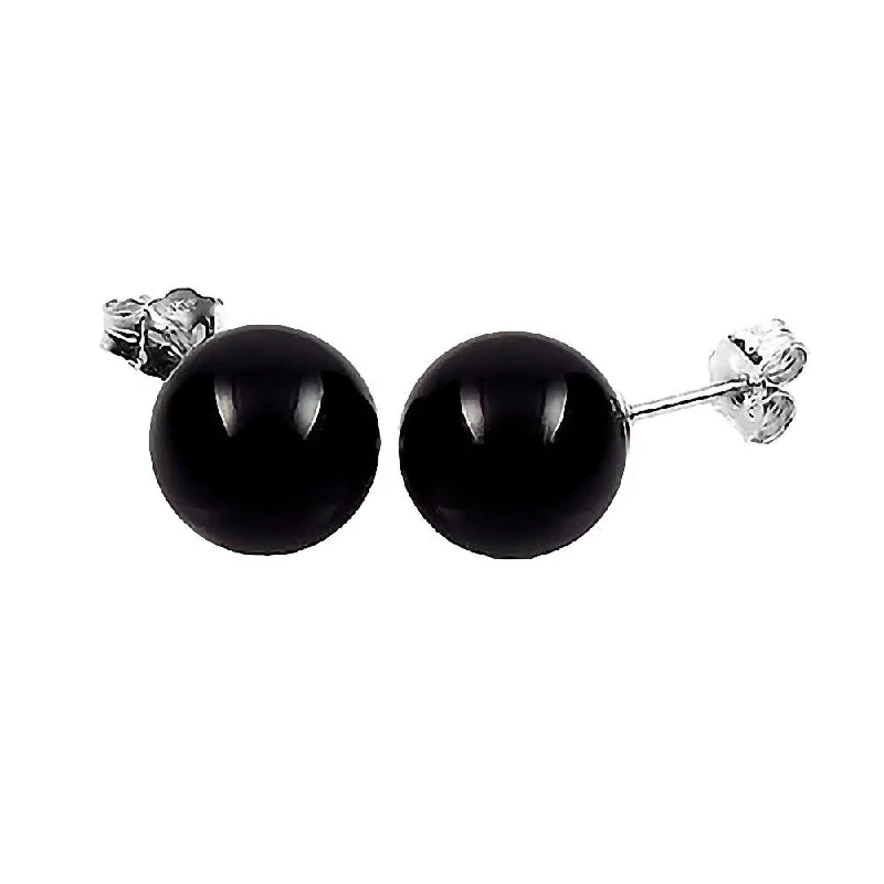 Vermilion ruby earrings-Natural Black Onyx Ball Stud Earrings 925 Sterling Silver