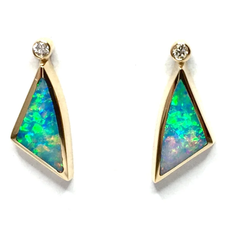 Outer gem earrings-Opal Earrings Triangle Inlaid Design with .04ctw Round Diamonds