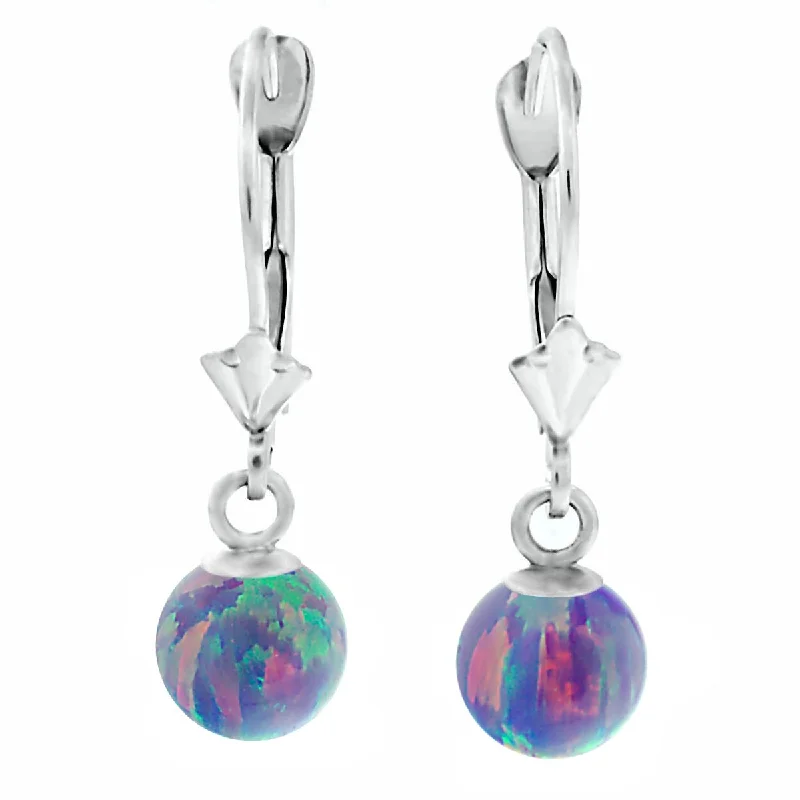 Gaelic swirl earrings-Norah: Lavender Created Australian Opal Ball Drop Leverback Earrings 14K White Gold