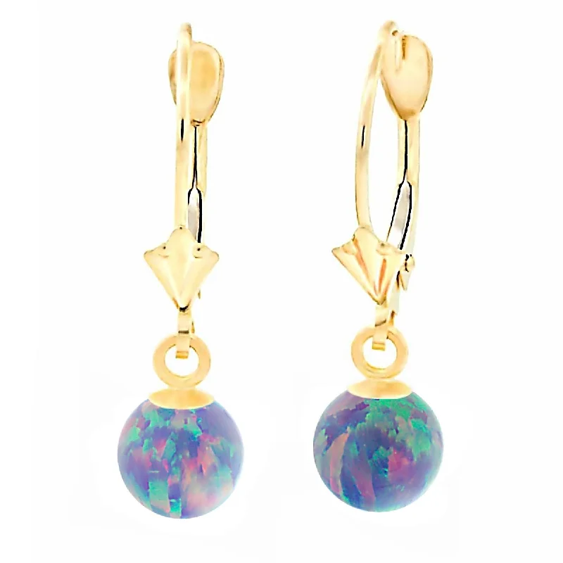 Pine sprig earrings-Norah: Lavender Created Australian Opal Ball Drop Leverback Earrings 14K Yellow Gold