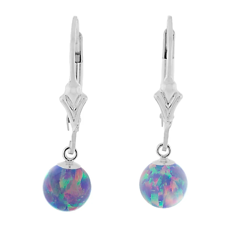 Prairie stalk earrings-Norah: Lavender Created Australian Opal Ball Drop Leverback Earrings 925 Sterling Silver