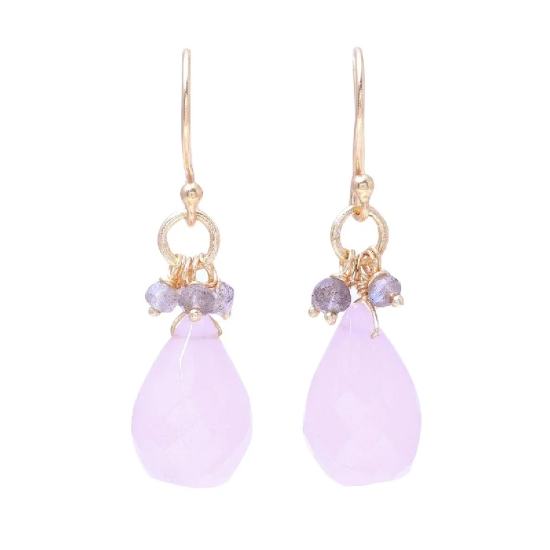 Tinted gem earrings-NOVICA Glittering Pink Drops, Gold plated rose quartz and labradorite dangle earrings - 1.4*0.4