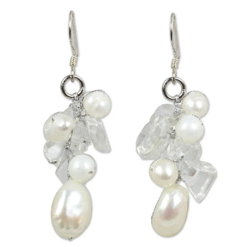 Clumped gem earrings-NOVICA Handmade Freshwater Pearl and Quartz Dangling Earrings (Thailand)