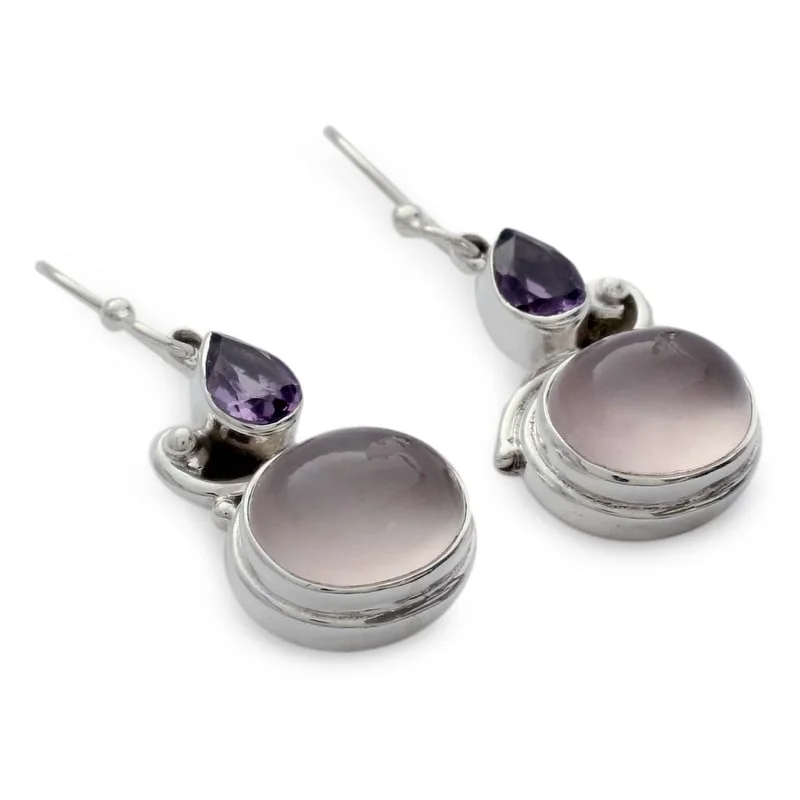 Crimped rim earrings-NOVICA Handmade Sterling Silver 'India Dawn' Amethyst and Rose Quartz Earrings (India)