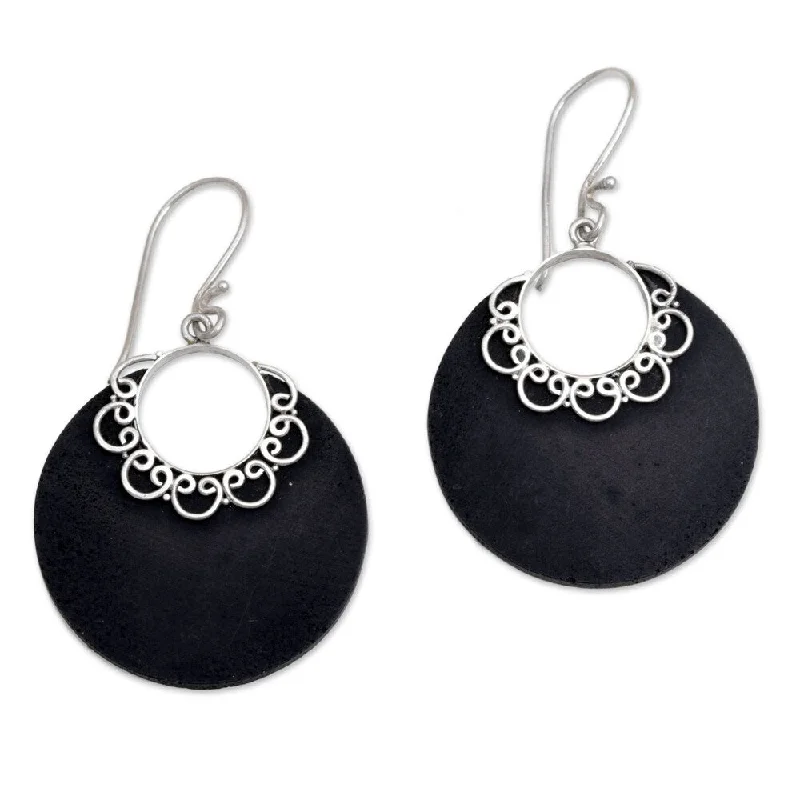 Textured ridge earrings-NOVICA Handmade Sterling Silver Lava Stone Crescent Lace Earrings (Indonesia) - 2*1.1