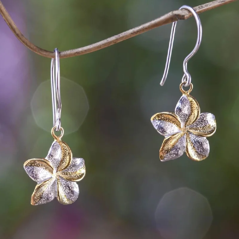 Tin toned earrings-NOVICA Sterling Silver Gold Overlay Golden Frangipani Earrings (Indonesia) - 1.3*0.6