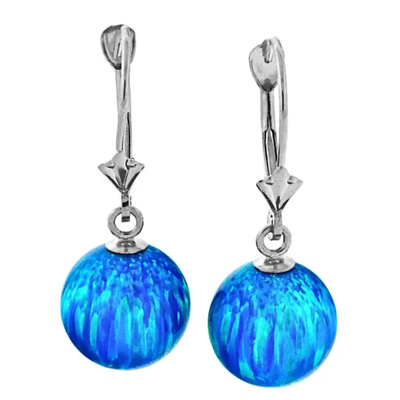 Crimped rim earrings-Oceans: 10mm Pacific Blue Opal Ball Drop Leverback Earrings 925 Silver