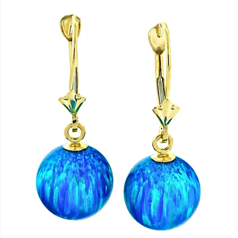 Braided cord earrings-Oceans: 10mm Pacific Blue Opal Ball Lever back Earrings 14K Yellow Gold