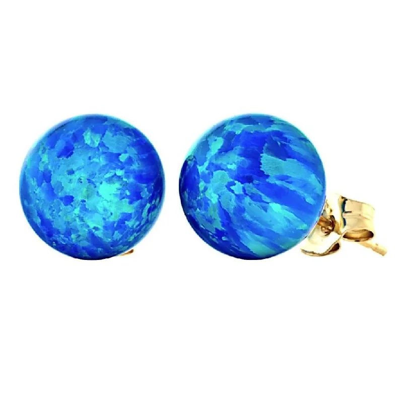 Lined gem earrings-Oceans: 10mm Pacific Blue Opal Ball Stud Post Earrings 14k Yellow Gold