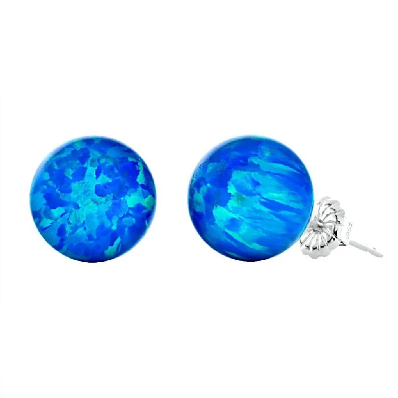 Fossil shard earrings-Oceans: 10mm Pacific Blue Opal Ball Stud Post Earrings 925 Silver