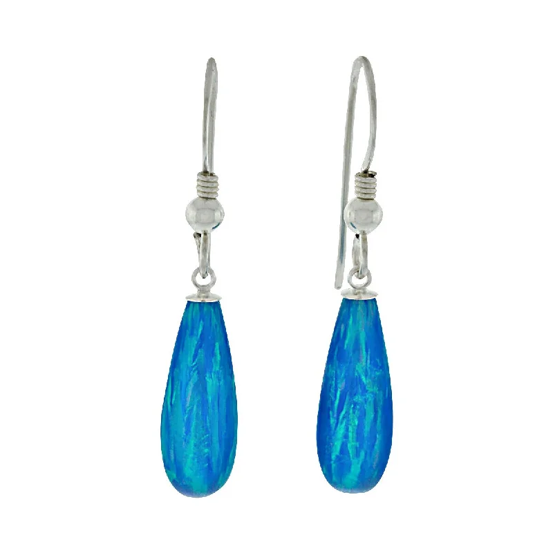 Tin toned earrings-Oceans: 16mm Tropical Blue Created Opal Teardrop Fishhook Earrings 925 Silver