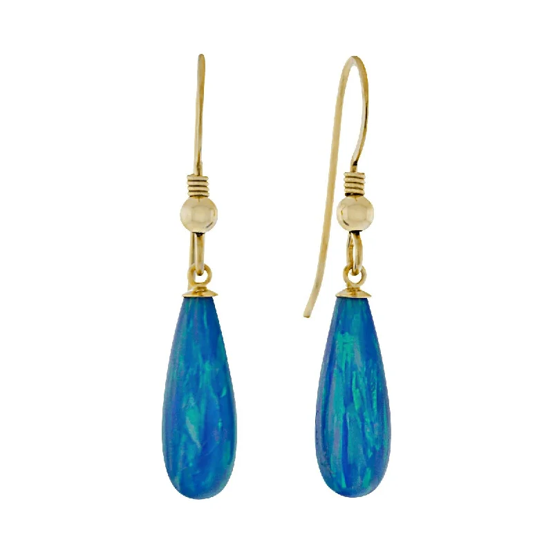 Maple grain earrings-Oceans: 16mm Tropical Blue Created Opal Teardrop Fishhook Earrings Gold Filled