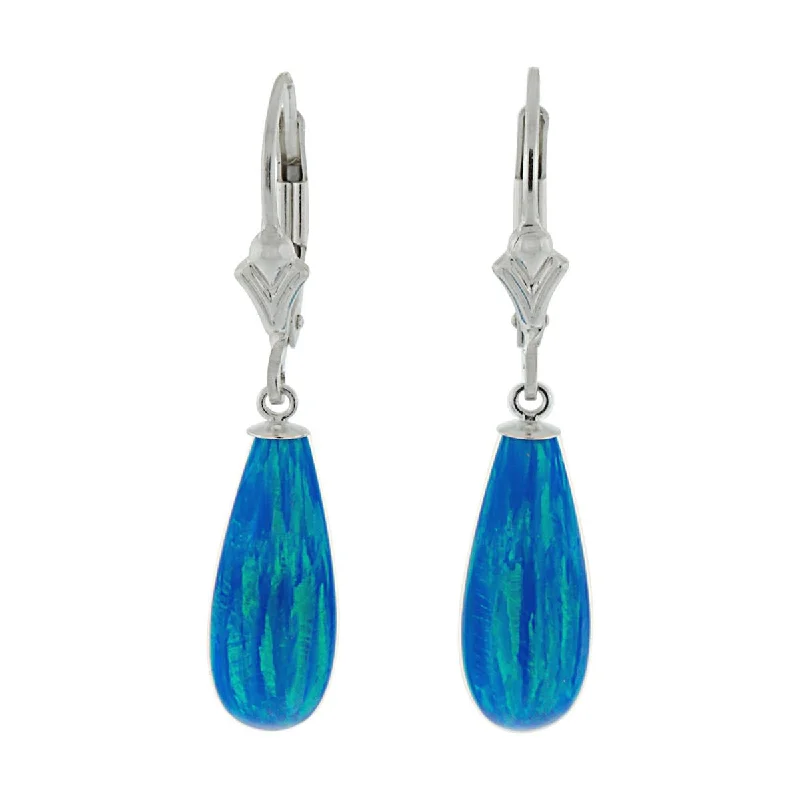 Jute braid earrings-Oceans: 16mm Tropical Blue Created Opal Teardrop Lever Back Earrings 925 Silver