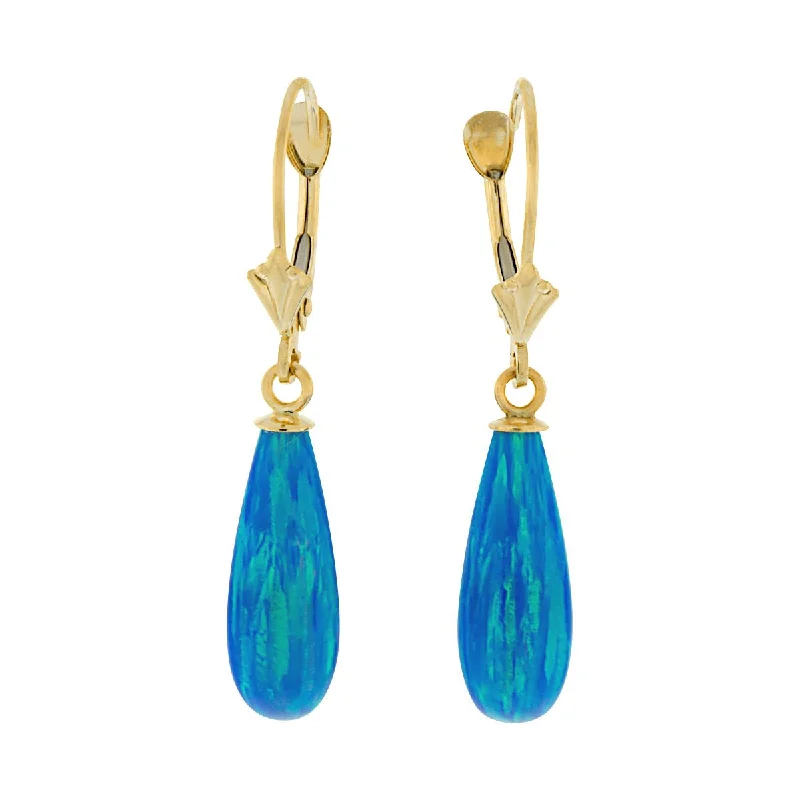 Cotton twist earrings-Oceans: 16mm Tropical Blue Created Opal Teardrop Lever Back Earrings Gold Filled