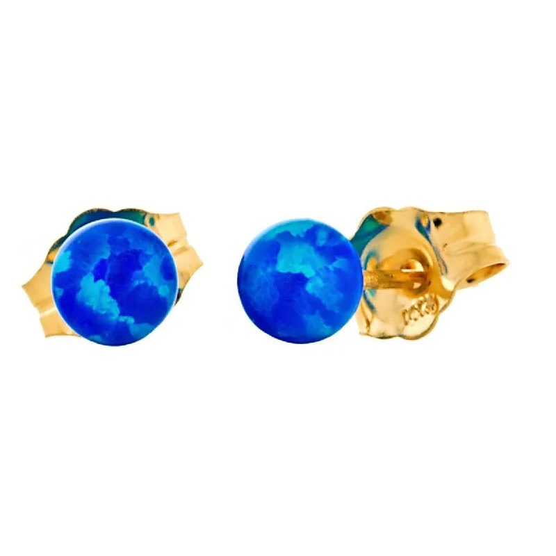 Carved ridge earrings-Oceans: 4mm Pacific Blue Opal Ball Stud Post Earrings 14k Yellow Gold