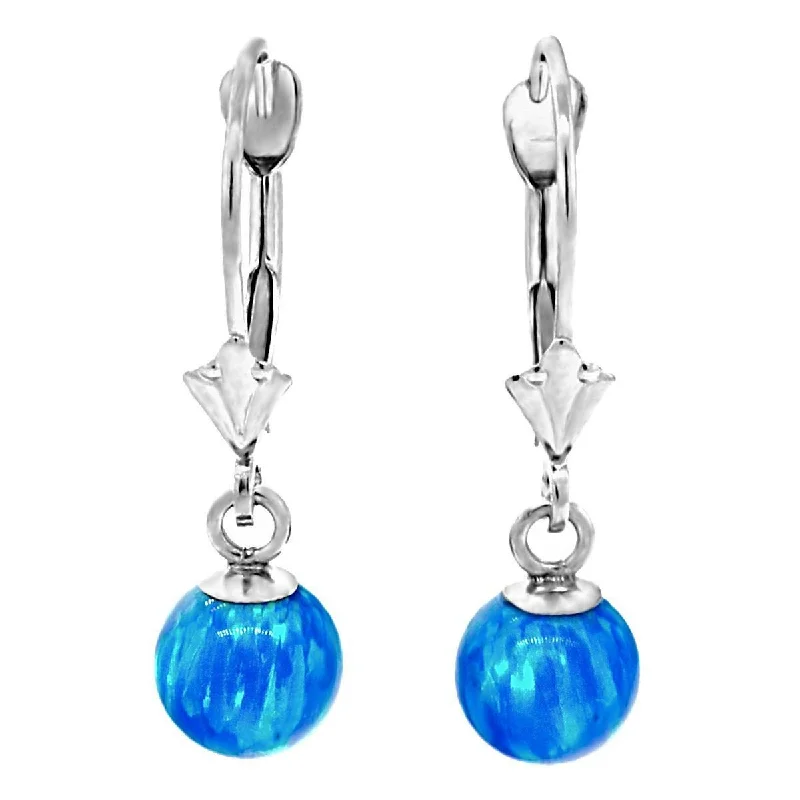 Scythian gold earrings-Oceans: 6mm Pacific Blue Opal Ball Leverback Earrings 14K White Gold