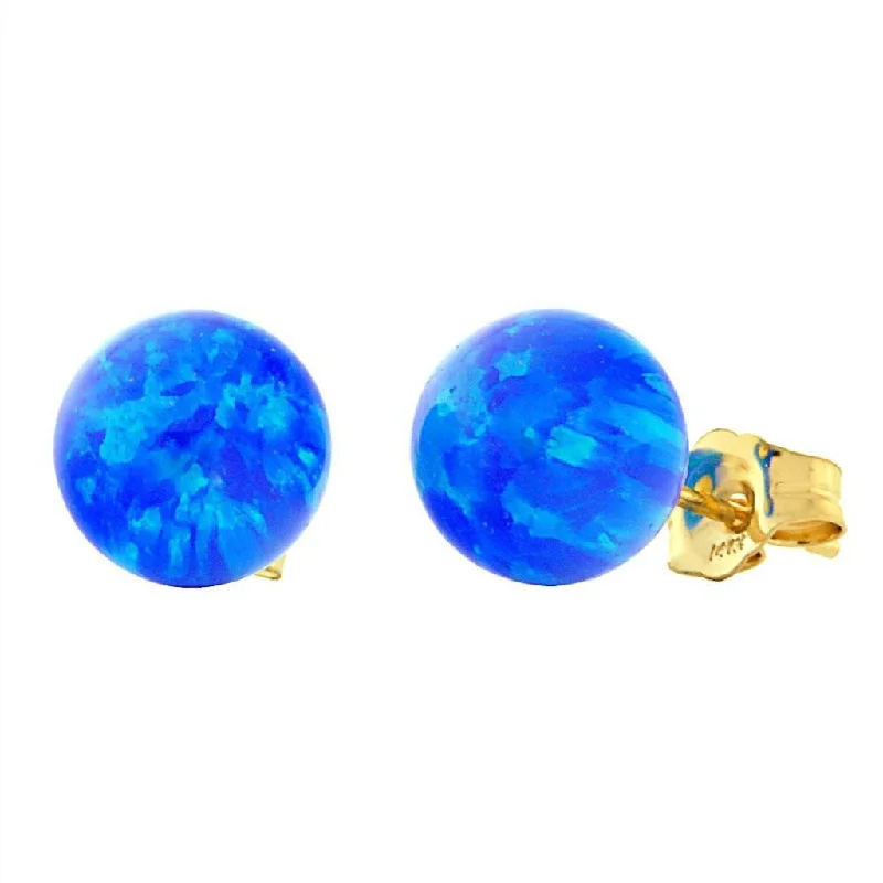 Frayed edge earrings-Oceans: 8mm Pacific Blue Opal Ball Stud Post Earrings 14k Yellow Gold