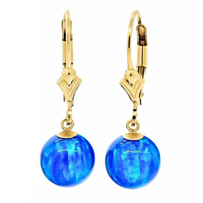 Gritty grain earrings-Oceans: Pacific Blue Created Australian Opal Ball Drop Leverback Earrings 14-20 Gold Filled