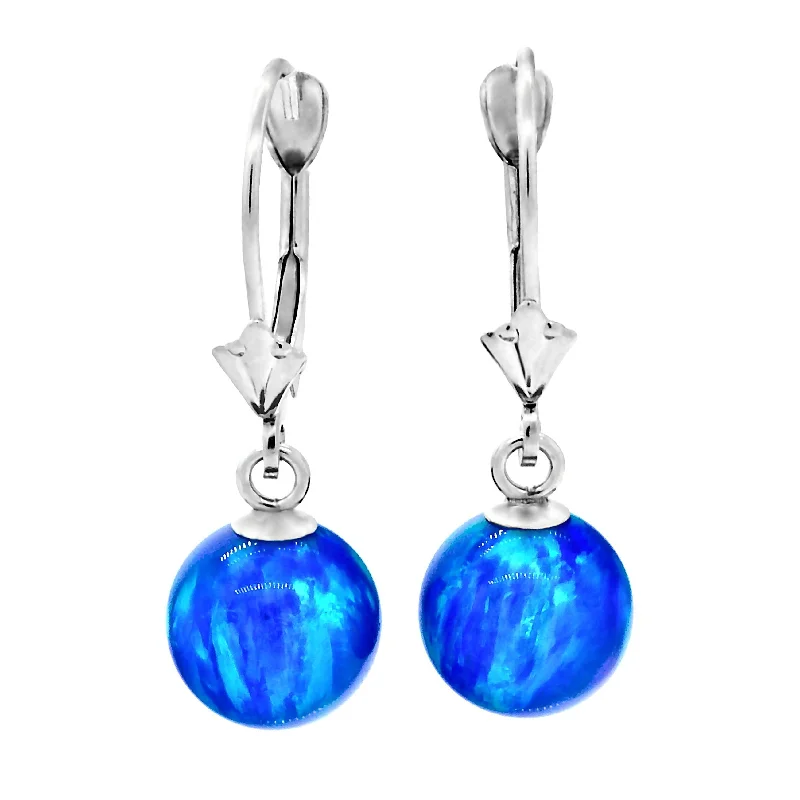 Ragged edge earrings-Oceans: Pacific Blue Created Australian Opal Ball Drop Leverback Earrings 14K White Gold