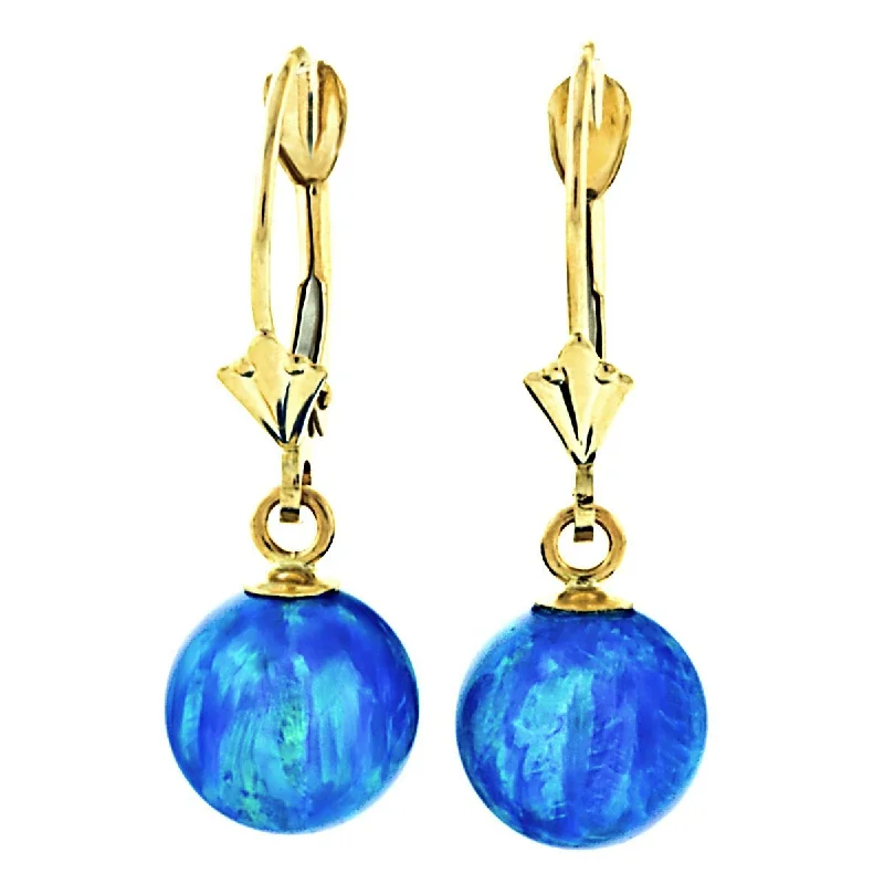 Antique twist earrings-Oceans: Pacific Blue Created Australian Opal Ball Drop Leverback Earrings 14K Yellow Gold