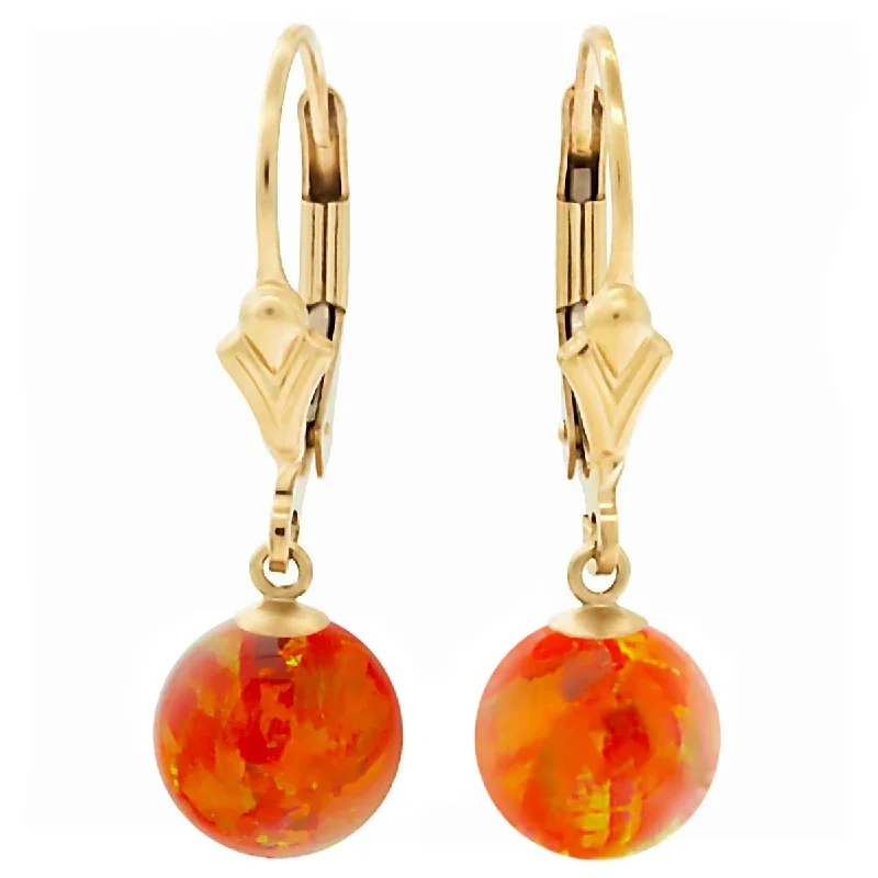 Oceanite jasper earrings-Orlena: Mexican Fire Created Australian Opal Ball Drop Leverback Earrings 14-20 Gold Filled