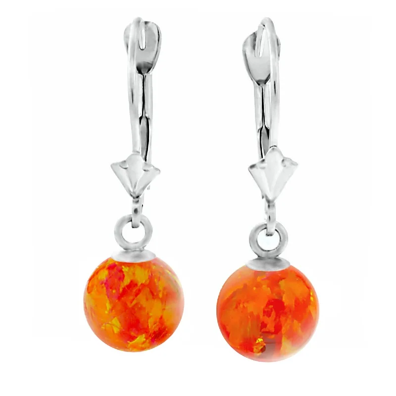 Tulip bud earrings-Orlena: Mexican Fire Created Australian Opal Ball Drop Leverback Earrings 14K White Gold