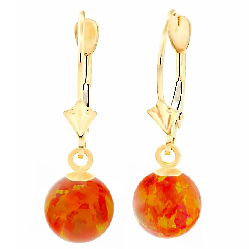 Daisy bloom earrings-Orlena: Mexican Fire Created Australian Opal Ball Drop Leverback Earrings 14K Yellow Gold