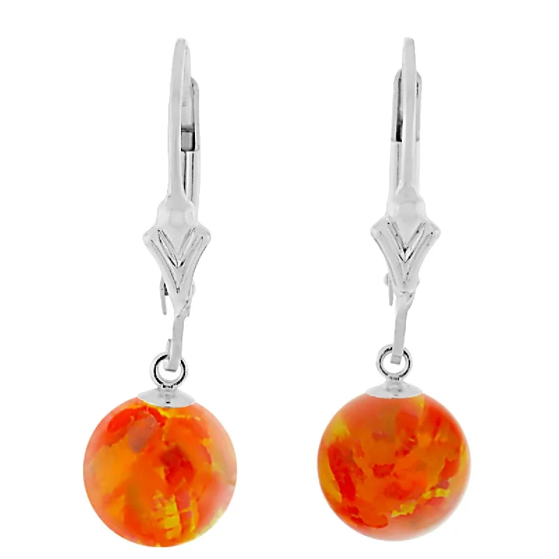 Clam shell earrings-Orlena: Mexican Fire Created Australian Opal Ball Drop Leverback Earrings 925 Sterling Silver